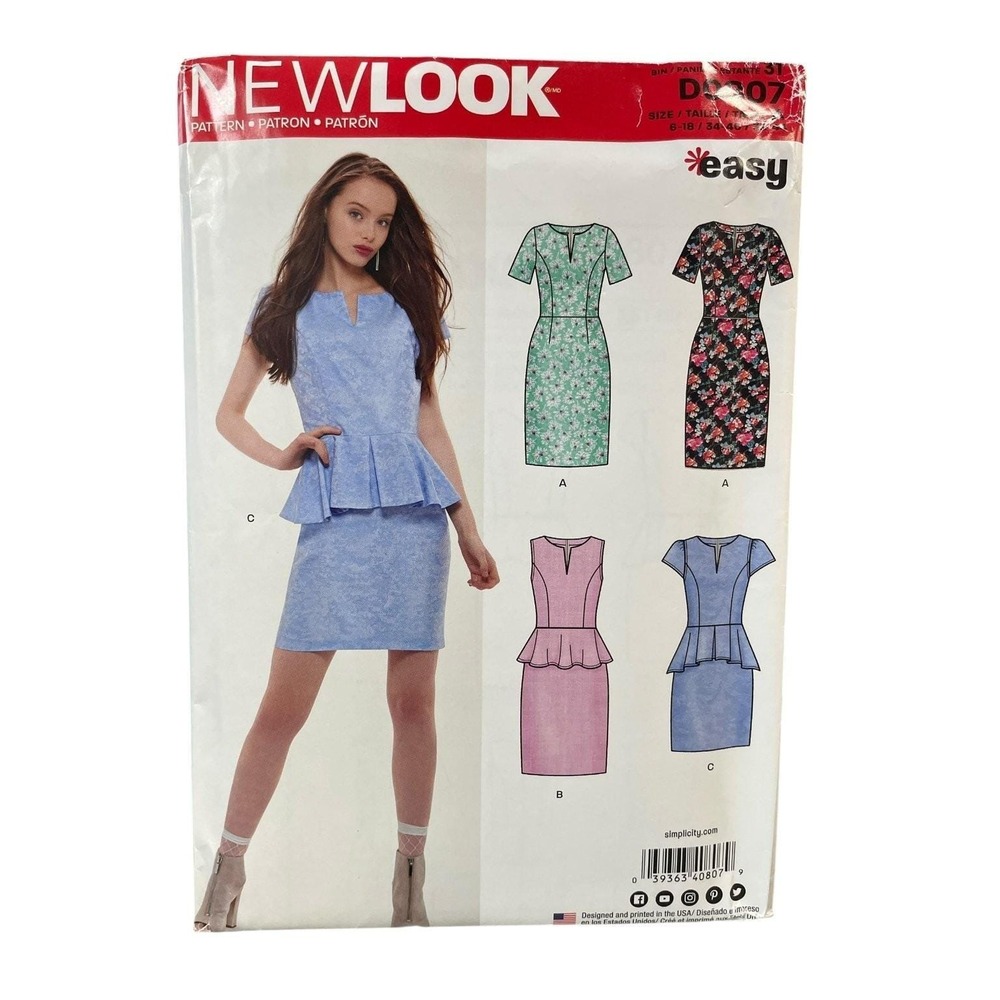 NEW LOOK D0807 Dress Peplum Top Skirt Misses 6-18 Sewing Pattern